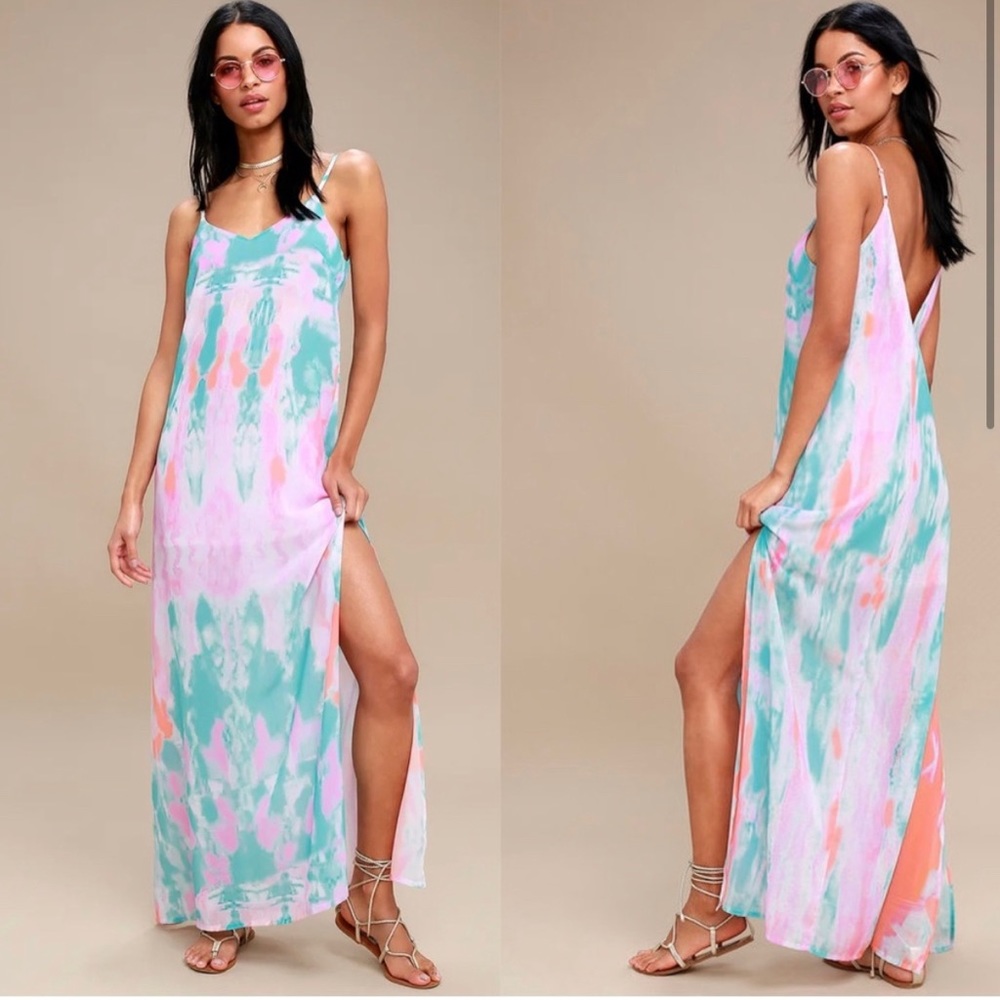 Lulus pink and blue watercolor maxi dress